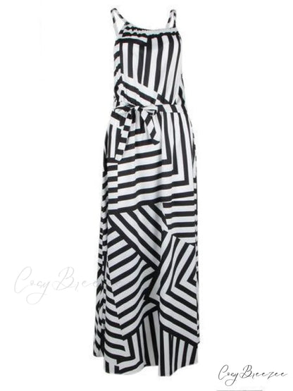 Asymmetric Striped Halterneck Maxi Dress in White and Black