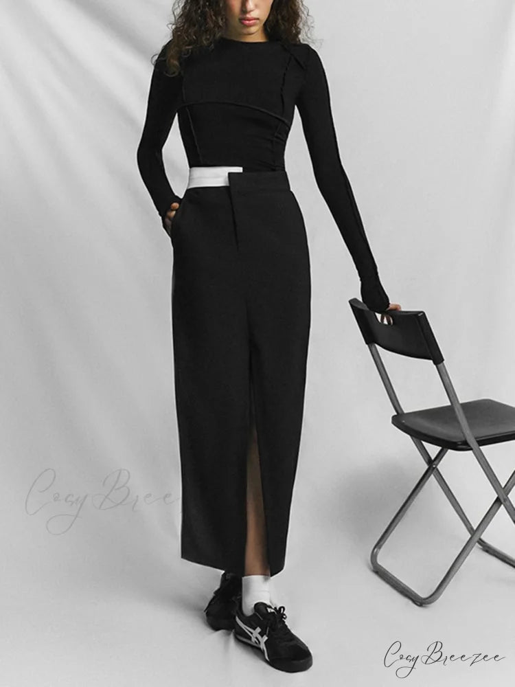 Asymmetric Waistband Graceful Maxi Skirt Black / XS