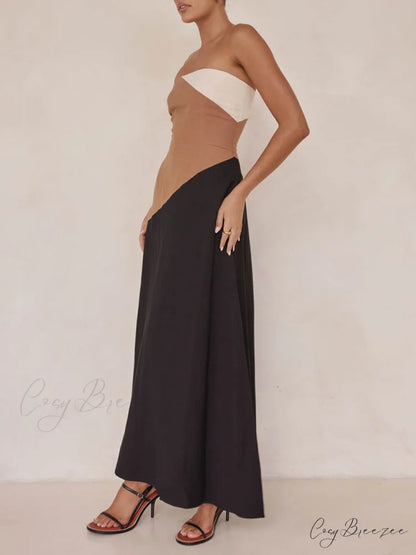 Asymmetrical Color-Blocked Stylish Maxi Dress
