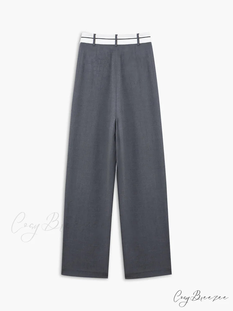 Asymmetrical Contrast Waistband Trendy Wide Leg Dress Pants