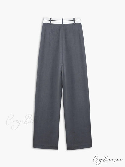 Asymmetrical Contrast Waistband Trendy Wide Leg Dress Pants