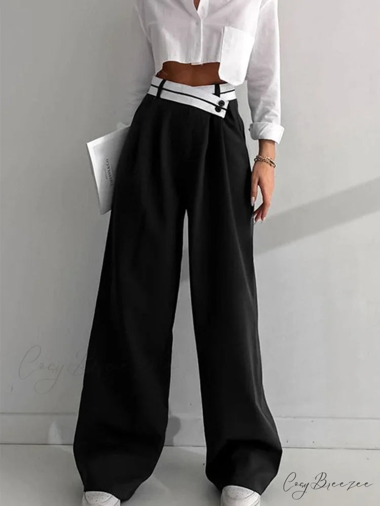 Asymmetrical Contrast Waistband Trendy Wide Leg Dress Pants Black / XS
