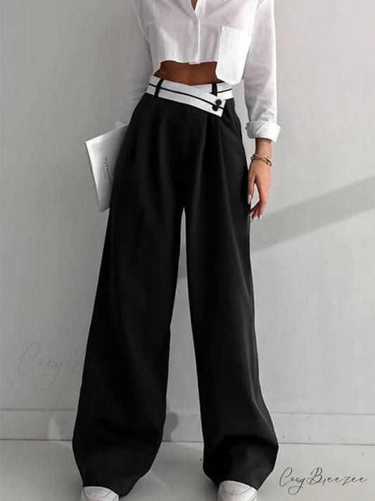 Asymmetrical Contrast Waistband Trendy Wide Leg Dress Pants Black / XS
