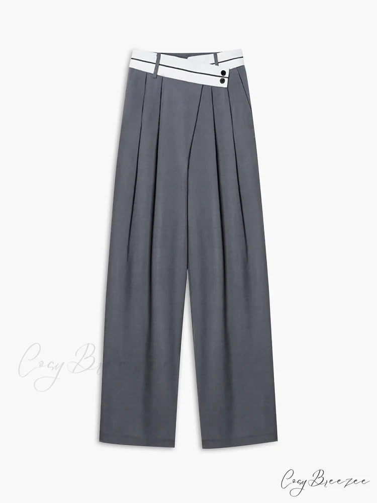 Asymmetrical Contrast Waistband Trendy Wide Leg Dress Pants Grey / XS
