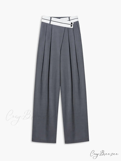 Asymmetrical Contrast Waistband Trendy Wide Leg Dress Pants Grey / XS