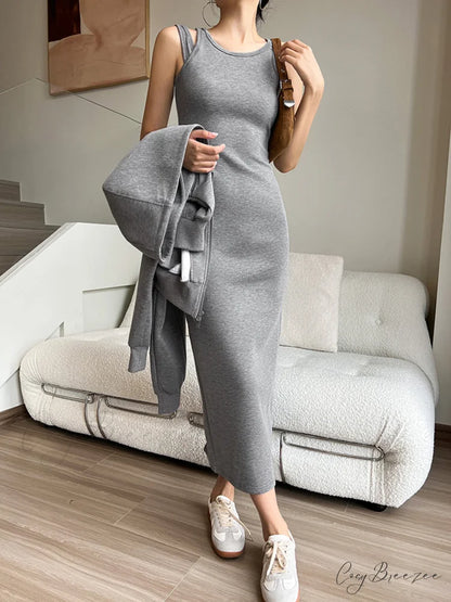 Asymmetrical Crew Neck Trendy Split Maxi Dress Grey / XS