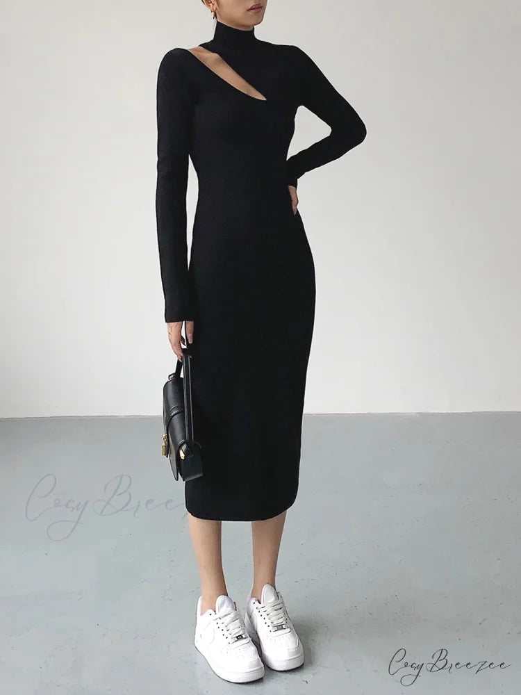 Asymmetrical Cutout Mock Trendy Neck Knit Midi Dress