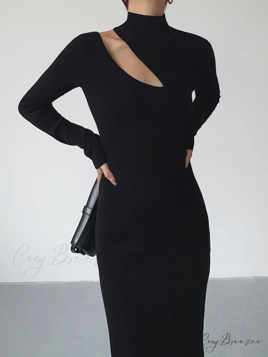 Asymmetrical Cutout Mock Trendy Neck Knit Midi Dress Black / XS