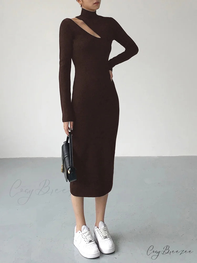 Asymmetrical Cutout Mock Trendy Neck Knit Midi Dress Dark Brown / XS