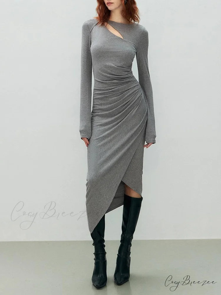Asymmetrical Draped Cutout Crew Neck Classic Long Sleeve Midi Knit Dress Grey / XS