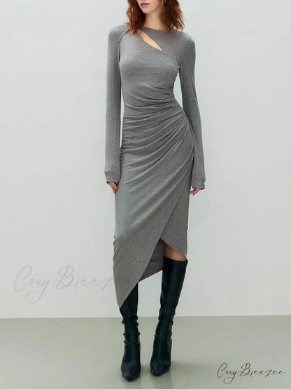 Asymmetrical Draped Cutout Crew Neck Classic Long Sleeve Midi Knit Dress Grey / XS