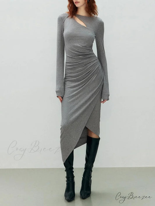 Asymmetrical Draped Cutout Crew Neck Classic Long Sleeve Midi Knit Dress Grey / XS