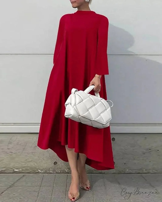 Asymmetrical Flare Sleeve Dress Red / S