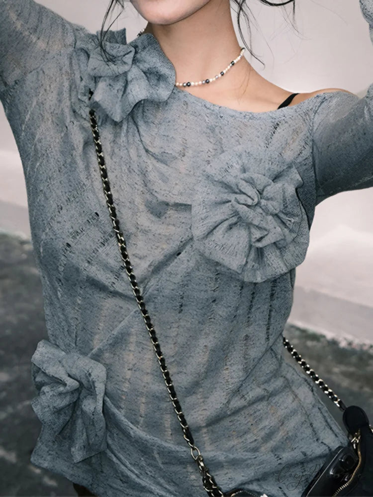 Asymmetrical Floral Graceful Knitted Sweater Blue / S