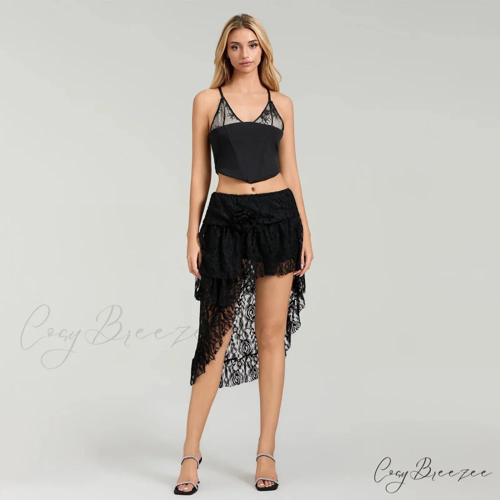 Asymmetrical Frilled Hem Skirt Black / One Size skirts-250223