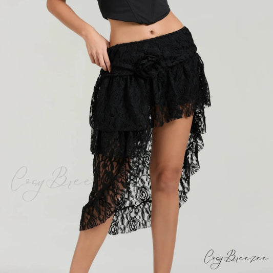 Asymmetrical Frilled Hem Skirt Black / One Size skirts-250223