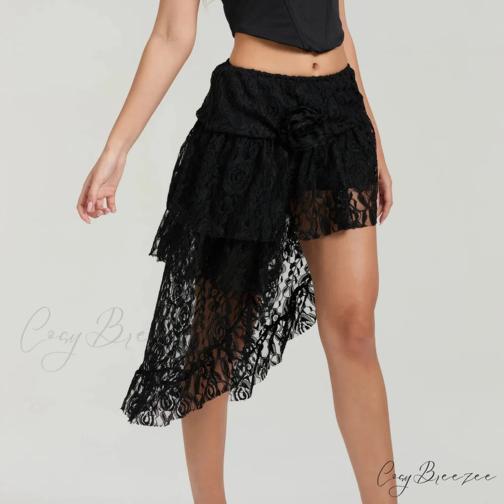 Asymmetrical Frilled Hem Skirt Black / One Size skirts-250223