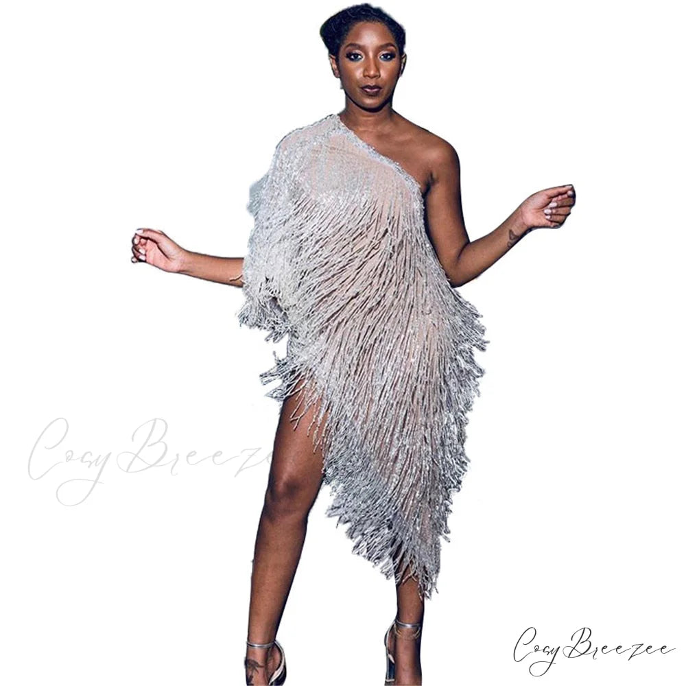 Asymmetrical Gown Celebrity Party Shoulder with Runway Tassels One Evening and Fringe Design Silver / S