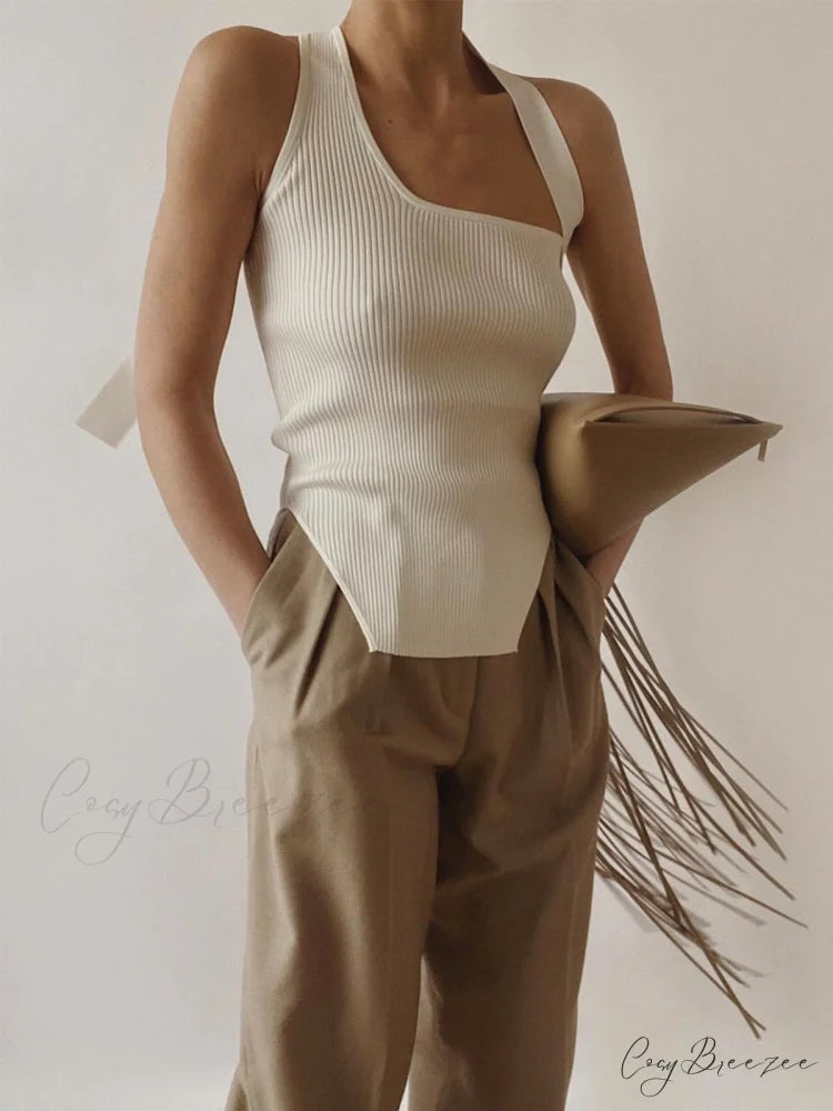 Asymmetrical Halter Graceful Rib Vest