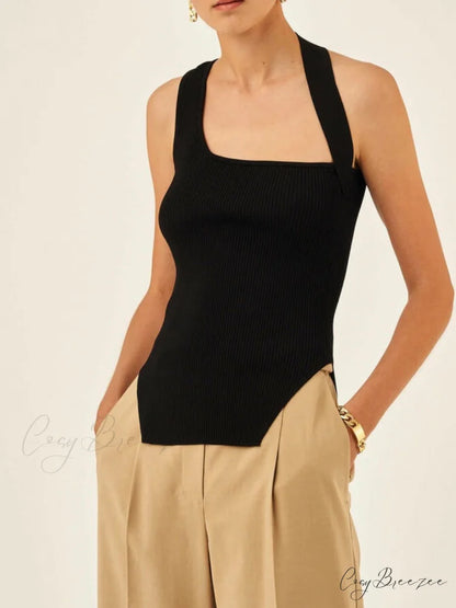 Asymmetrical Halter Graceful Rib Vest Black / XS