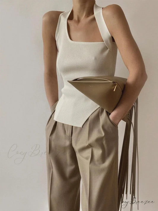 Asymmetrical Halter Graceful Rib Vest White / XS