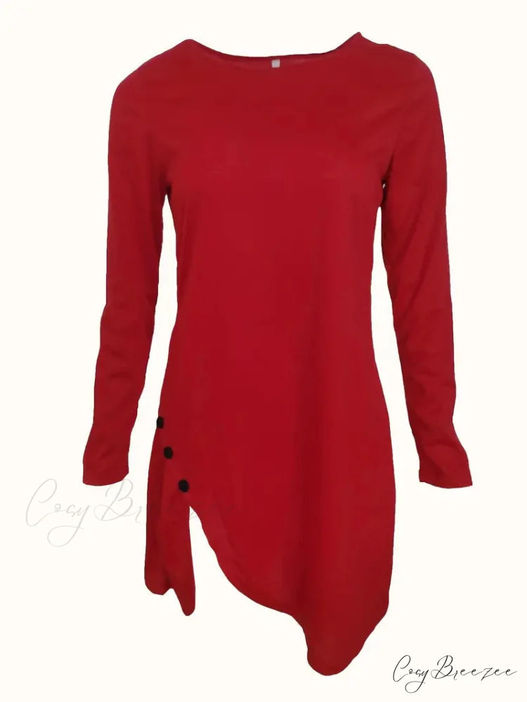 Asymmetrical Hem Button Crew Neck Dress with Long Sleeves M / Red