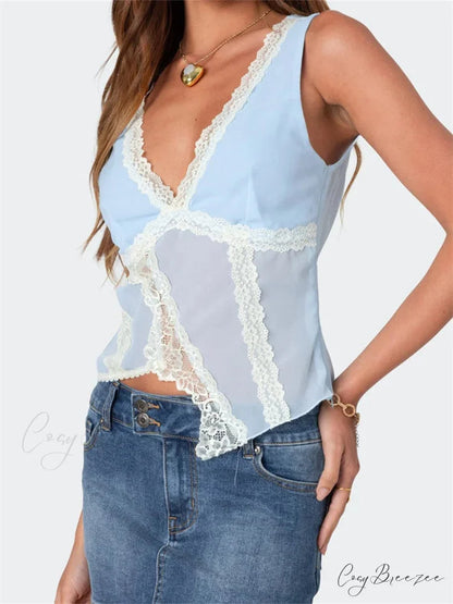 Asymmetrical Lace Trim Deep V-neck Slim Crop Top croptop-250126