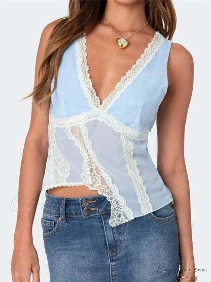 Asymmetrical Lace Trim Deep V-neck Slim Crop Top croptop-250126