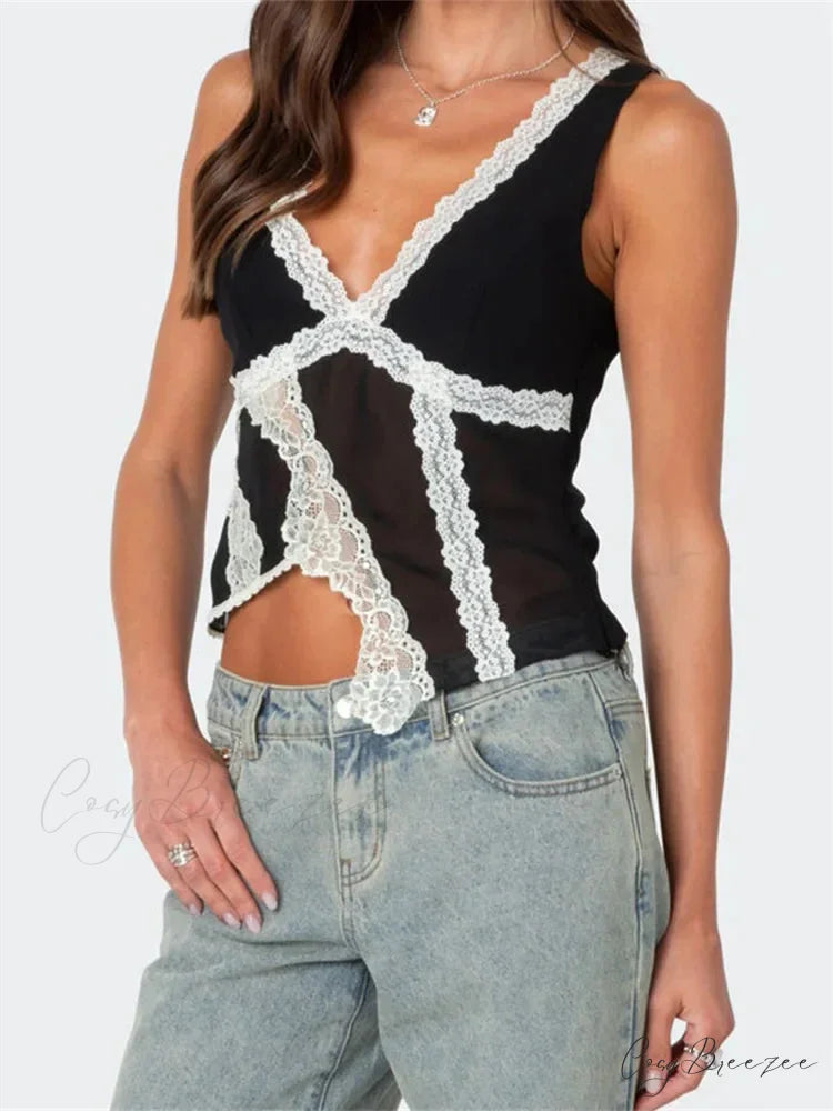 Asymmetrical Lace Trim Deep V-neck Slim Crop Top croptop-250126