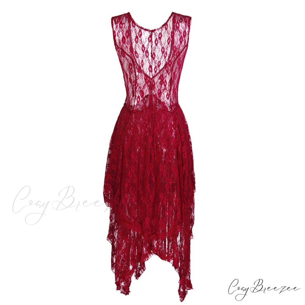 Asymmetrical Layered Lace Long Dress with Backless Design M / Black