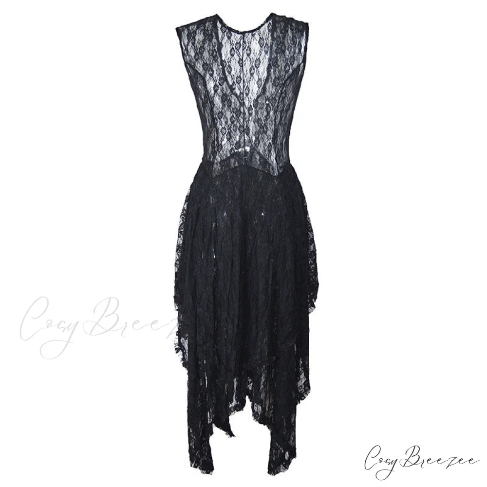 Asymmetrical Layered Lace Long Dress with Backless Design M / Gray