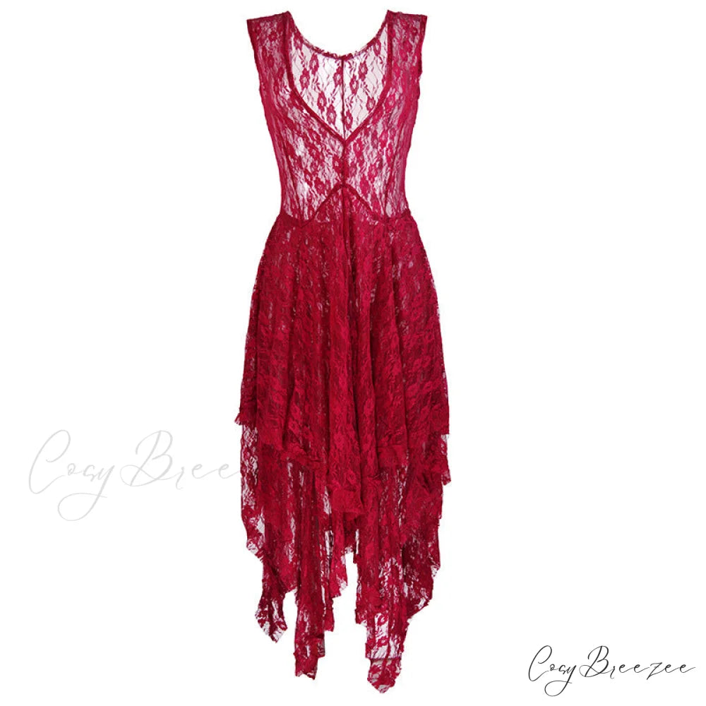 Asymmetrical Layered Lace Long Dress with Backless Design M / Pink