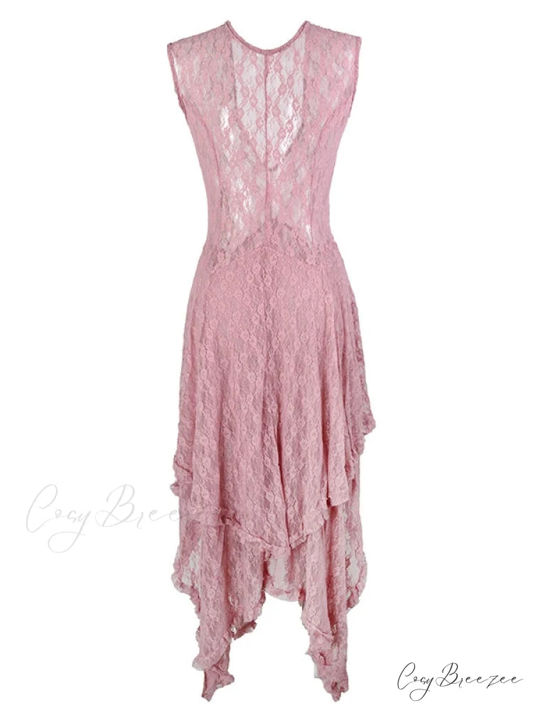 Asymmetrical Layered Lace Long Dress with Backless Design S / Black