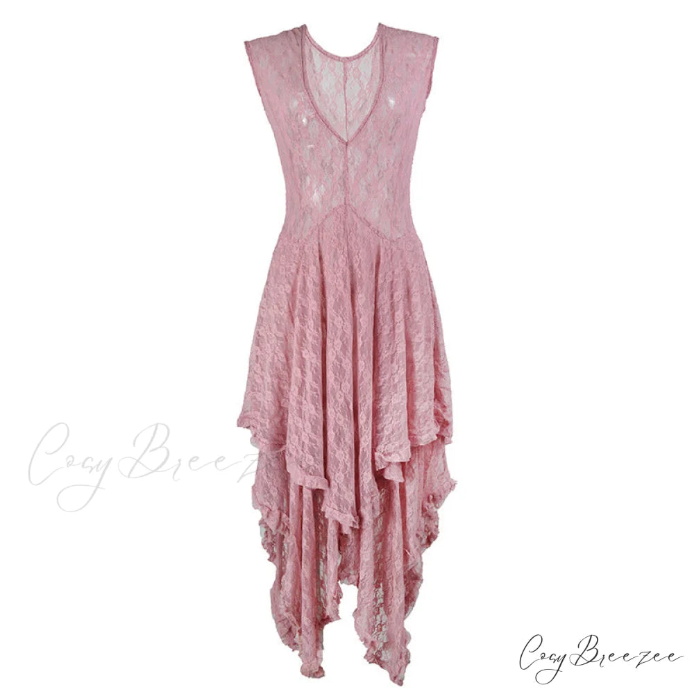 Asymmetrical Layered Lace Long Dress with Backless Design S / Red