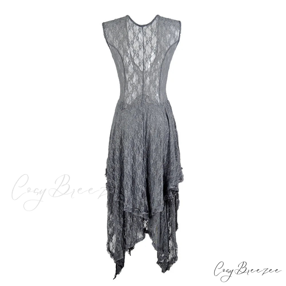 Asymmetrical Layered Lace Long Dress with Backless Design S / White