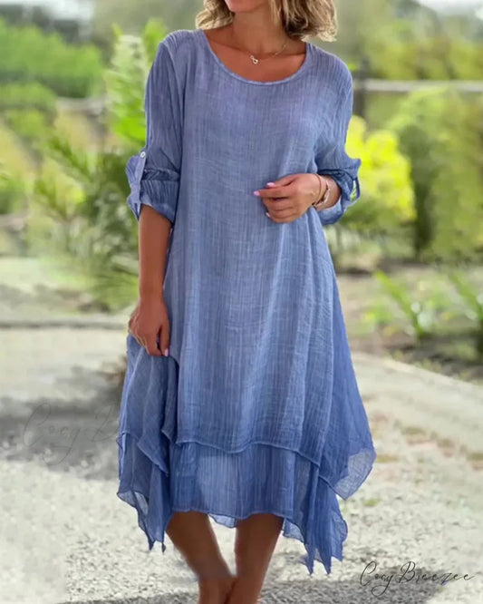 Asymmetrical Midi Dress with Round Neck Blue / S