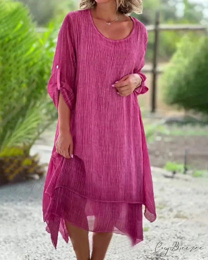 Asymmetrical Midi Dress with Round Neck Fuchsia / S