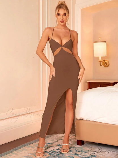 Asymmetrical Neck Glitter Trendy Strap Cut Out Dress Brown / XS