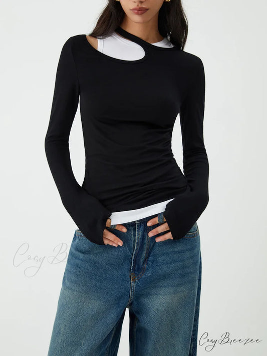 Asymmetrical Neck Graceful Long Sleeve Blouse Black / XS