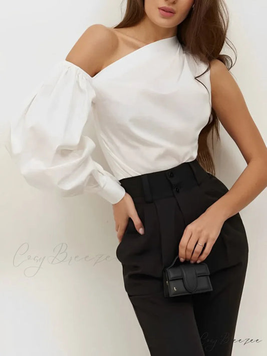 Asymmetrical Off Graceful Shoulder Blouse White / XS