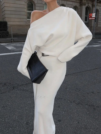 Asymmetrical Off Shoulder Solid Modern Long Sleeve Maxi Dress White / XS