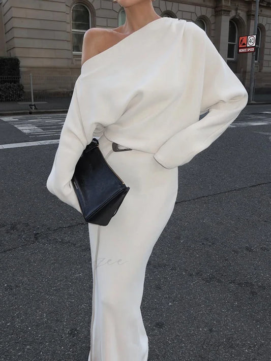 Asymmetrical Off Shoulder Solid Modern Long Sleeve Maxi Dress White / XS