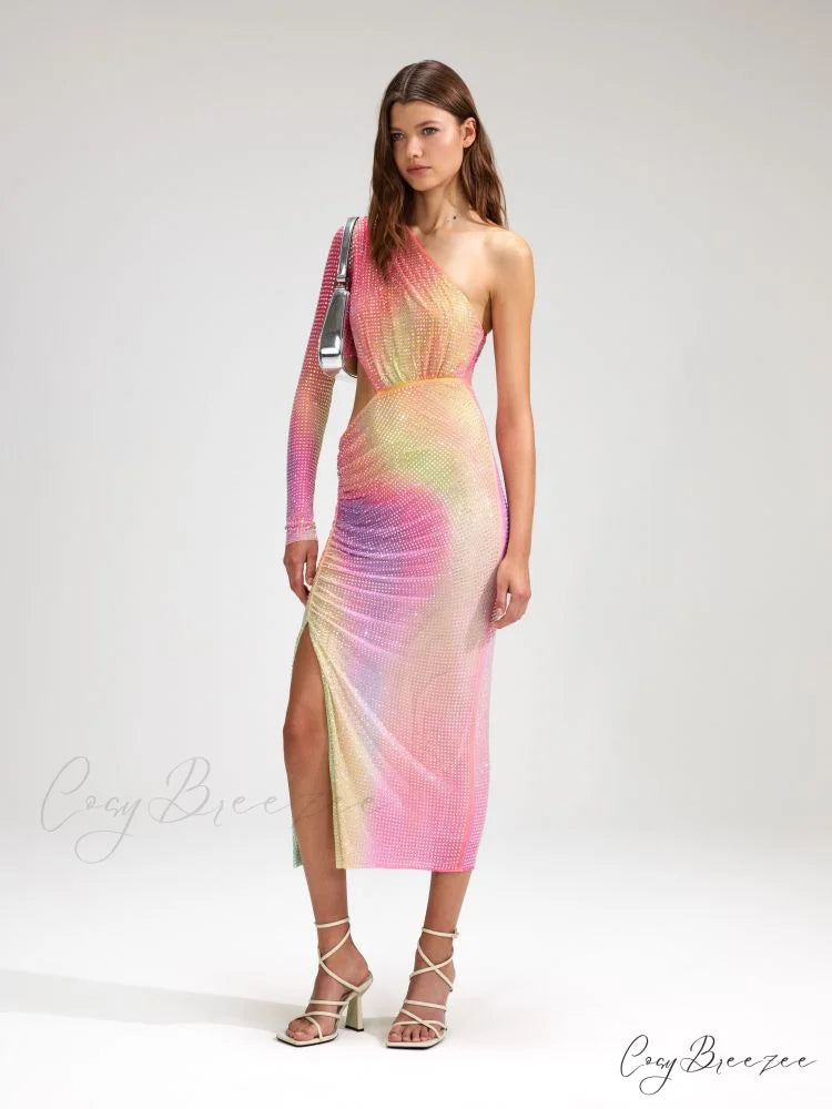 Asymmetrical Off-Shoulder Vibrant Luxurious Formal Dress pink / XS promdress-250223