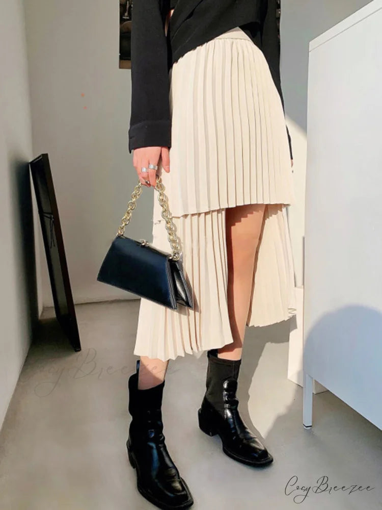Asymmetrical Pleated Graceful Layered Midi Skirt Off-White / XS