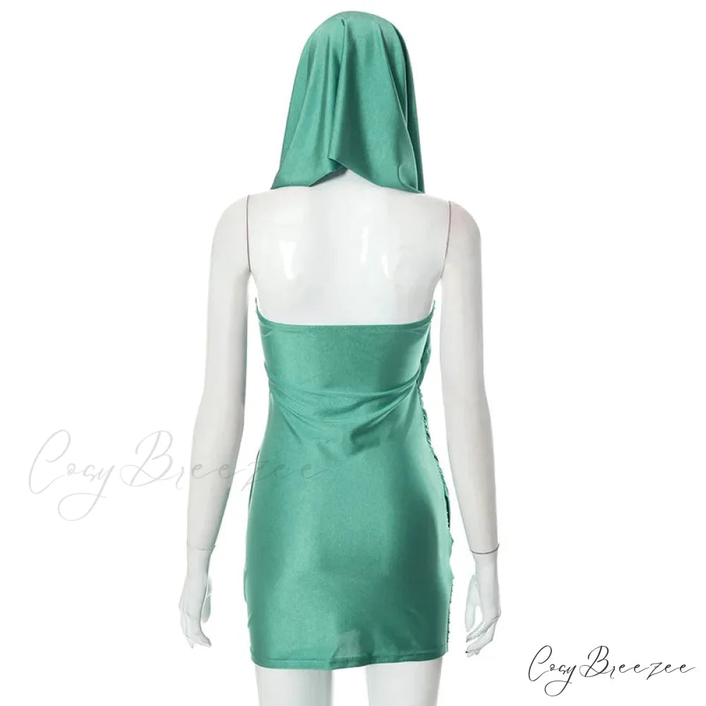 Asymmetrical Ruched Strapless Hooded Mini Dress