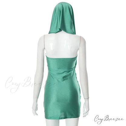 Asymmetrical Ruched Strapless Hooded Mini Dress