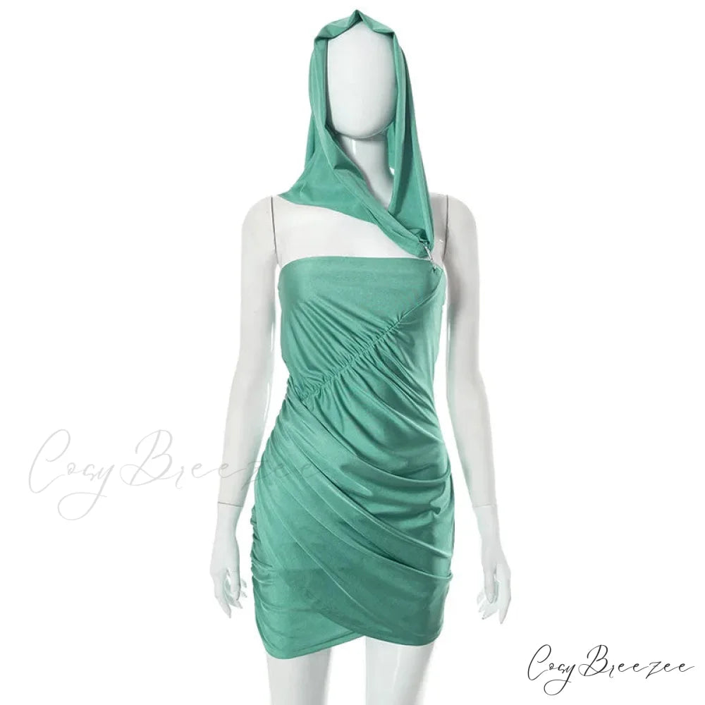 Asymmetrical Ruched Strapless Hooded Mini Dress