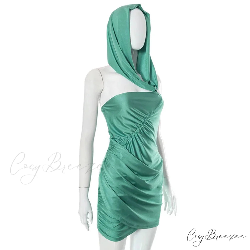 Asymmetrical Ruched Strapless Hooded Mini Dress