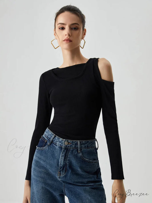 Asymmetrical Shoulder Cut Out Modern Long Sleeve Solid Top Black / XS