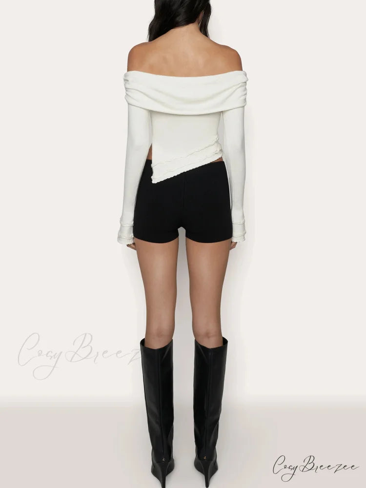 Asymmetrical Split Off Shoulder Modern Floral Cable Knit Top